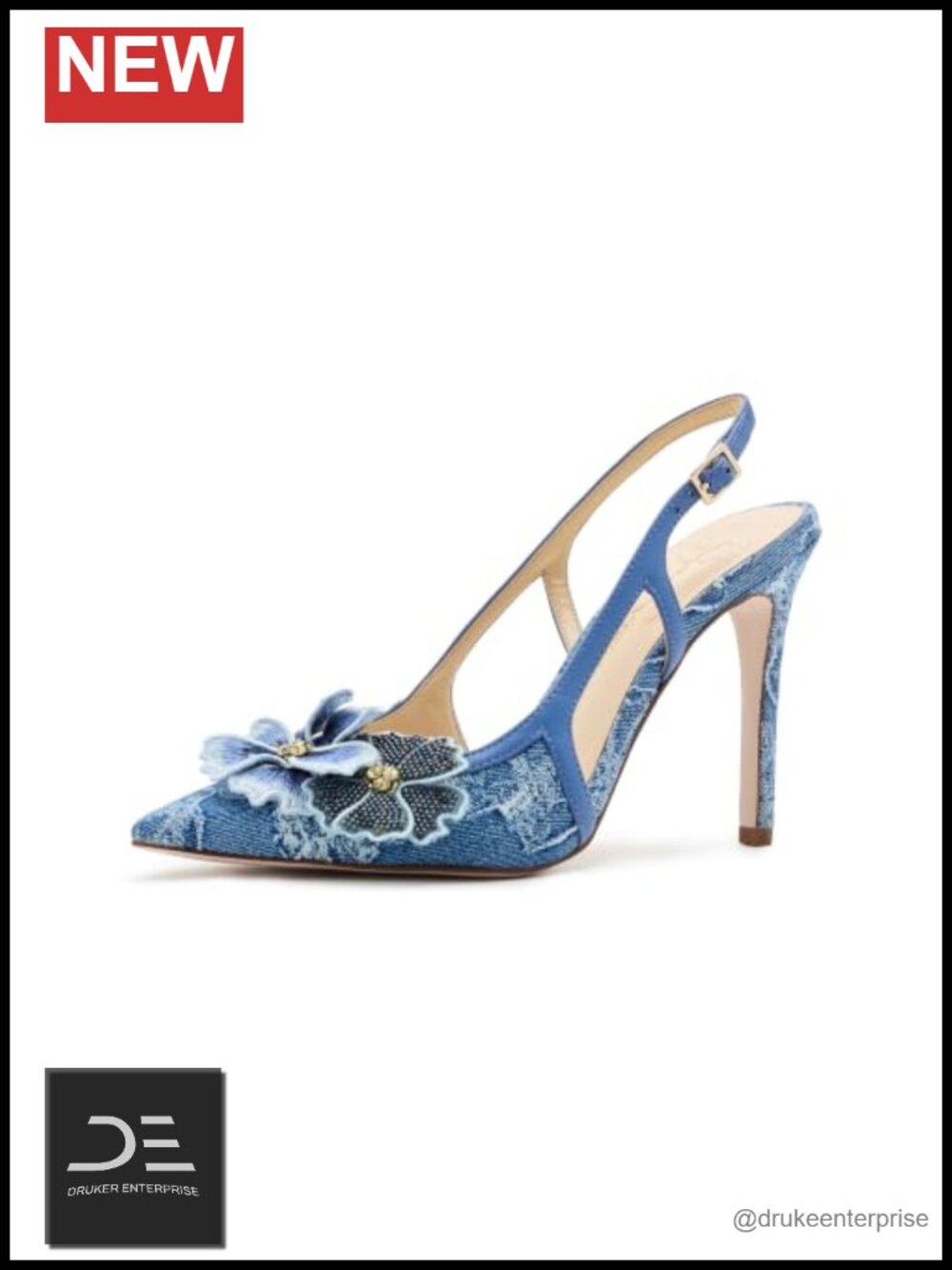 3D Floral Denim Slingback Stiletto Heels Pointed Toe Party Pumps